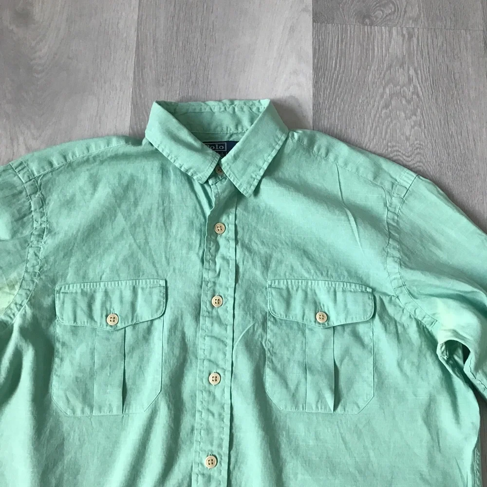 POLO RALPH LAUREN LINEN SHIRT GREEN LONG SLEEVE BUTTON MENS LARGE